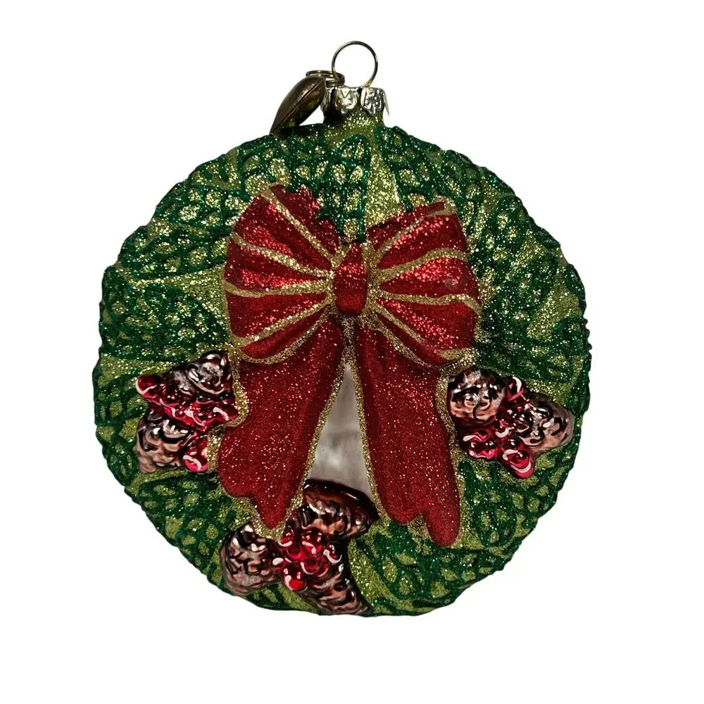 Valerie Parr Hill Hanging Wreath Christmas Glass Ornament w/Gold Metal Stand